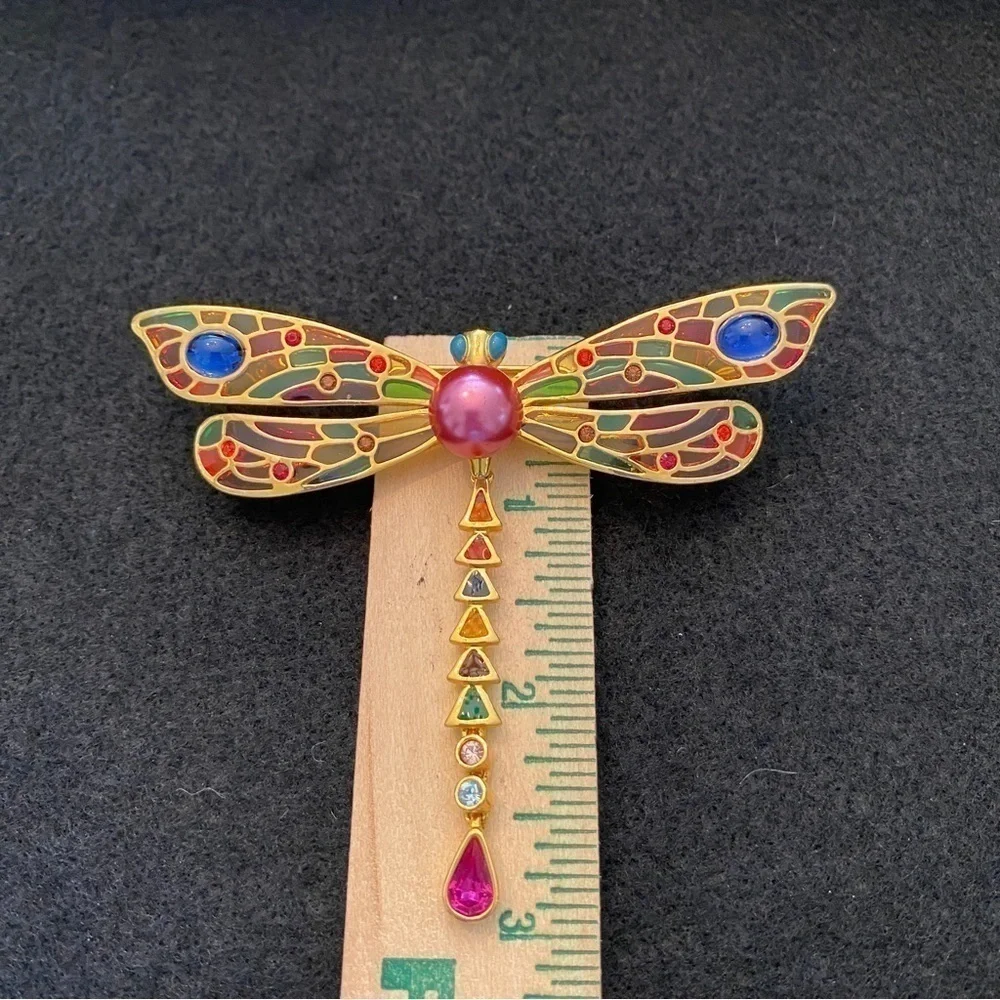 Joan Rivers Plique a Jour Articulated Dragonfly enamel  & rhinestone brooch